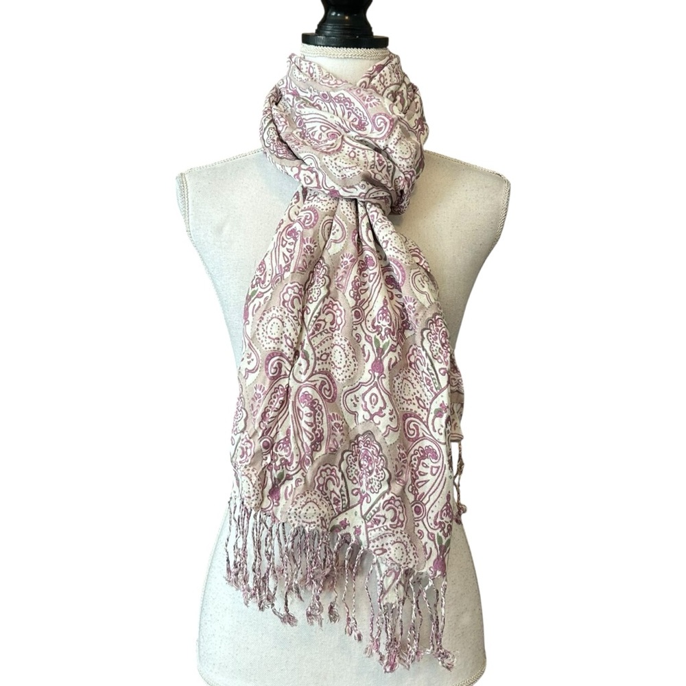 NWT Liz Claiborne Medallion‎ Floral Print Fringe Lightweight Scarf Tan Multi